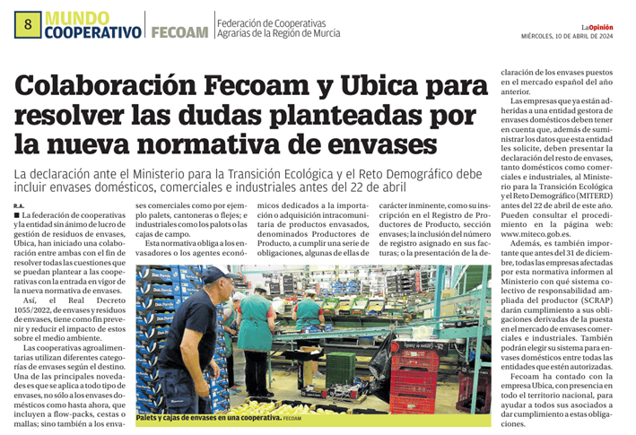 Colaboración entre FECOAM y UBICA ENVASES